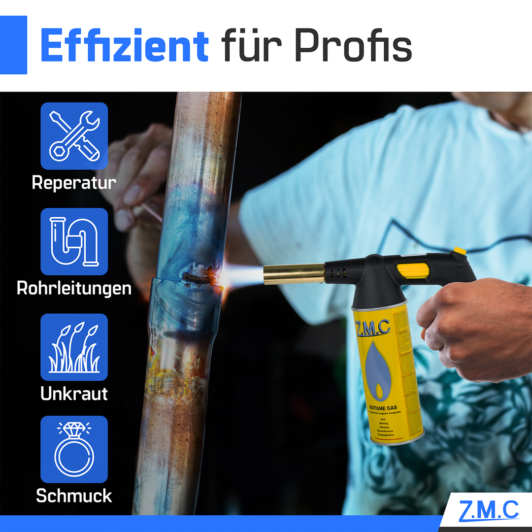 Z.M.C Gasbrenner 1,5 kW bis 1300 °C | Bunsen-, Löt- &amp; Küchenbrenner mit Piezo-Zündung &amp; Flammenregler, + optionale Gaskartuschen