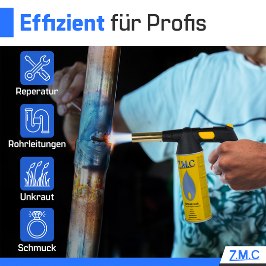 Z.M.C Gasbrenner 1,5 kW bis 1300 °C | Bunsen-, Löt- &amp; Küchenbrenner mit Piezo-Zündung &amp; Flammenregler, + optionale Gaskartuschen