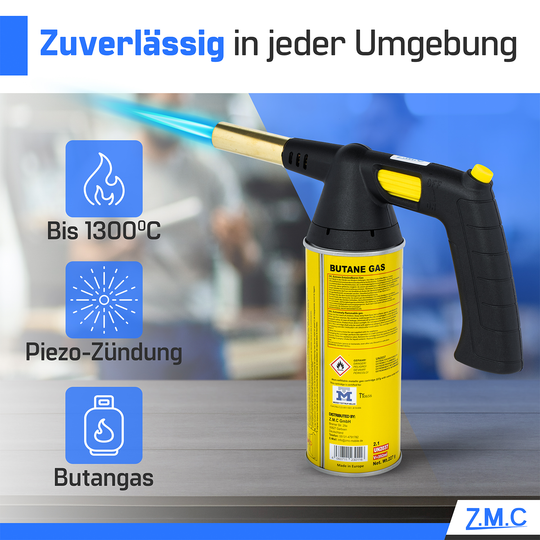 Z.M.C Gasbrenner 1,5 kW bis 1300 °C | Bunsen-, Löt- &amp; Küchenbrenner mit Piezo-Zündung &amp; Flammenregler, + optionale Gaskartuschen