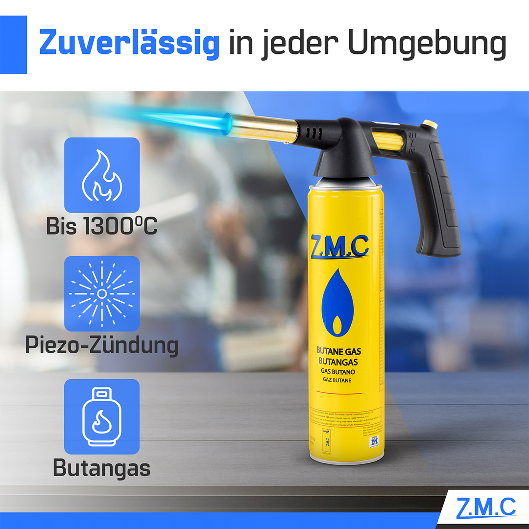 ZMC Gas Burner 1.5 kW + Gas Cartridges 330g, with Piezo Ignition, Bunsen Burner up to 1350°C, Soldering Torch Kitchen Torch with Adjustable Flame
