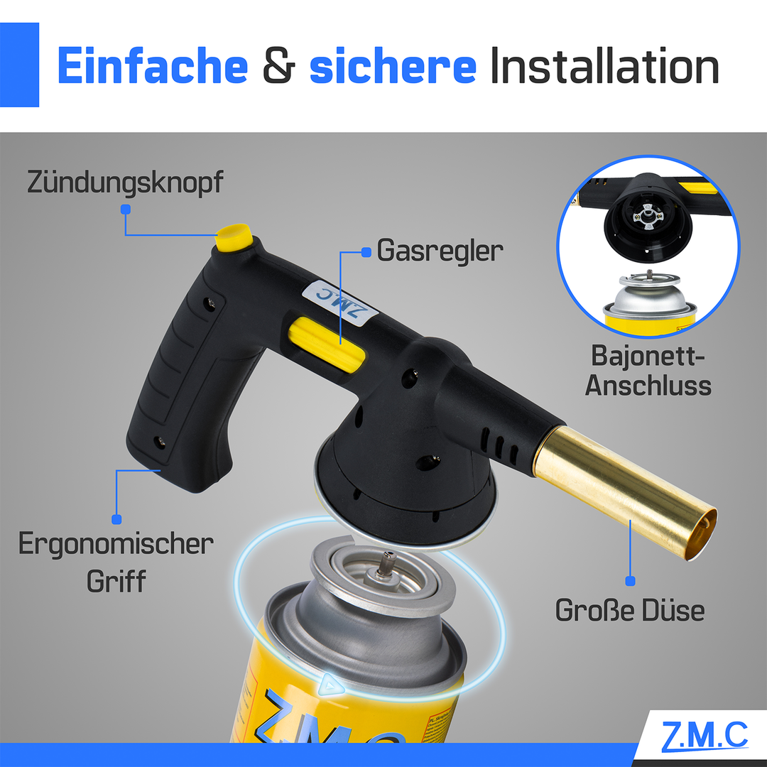 Z.M.C Gasbrenner 1,5 kW bis 1300 °C | Bunsen-, Löt- &amp; Küchenbrenner mit Piezo-Zündung &amp; Flammenregler, + optionale Gaskartuschen