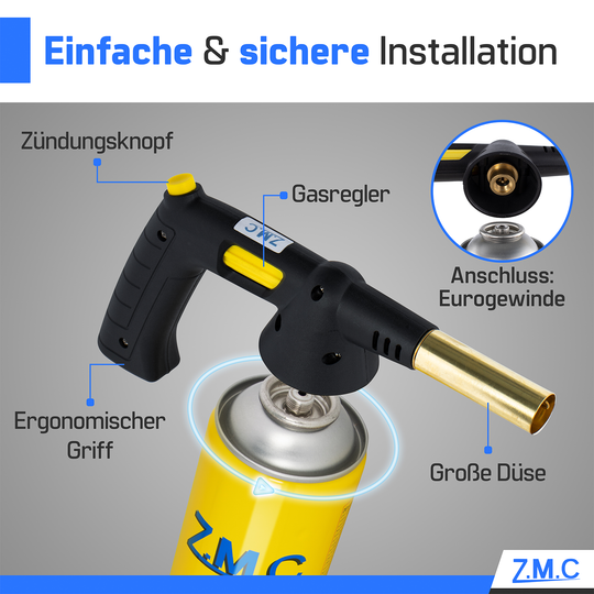 ZMC Gas Burner 1.5 kW + Gas Cartridges 330g, with Piezo Ignition, Bunsen Burner up to 1350°C, Soldering Torch Kitchen Torch with Adjustable Flame