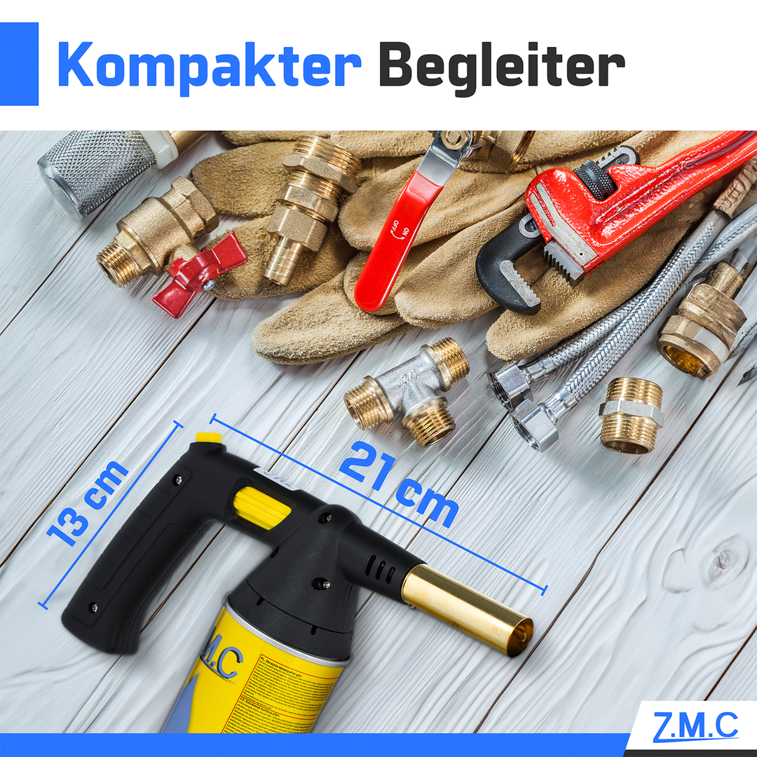 Z.M.C Gasbrenner 1,5 kW bis 1300 °C | Bunsen-, Löt- &amp; Küchenbrenner mit Piezo-Zündung &amp; Flammenregler, + optionale Gaskartuschen