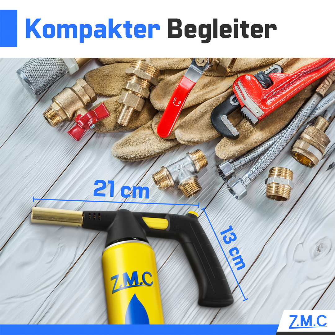 ZMC Gas Burner 1.5 kW + Gas Cartridges 330g, with Piezo Ignition, Bunsen Burner up to 1350°C, Soldering Torch Kitchen Torch with Adjustable Flame
