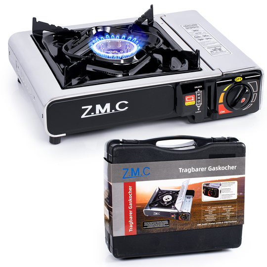 ZMC Réchaud de camping en acier inoxydable 1 feu 2,2 kW avec allumage piézo – Réchaud à gaz avec mallette &amp; plaque de cuisson optionnelle