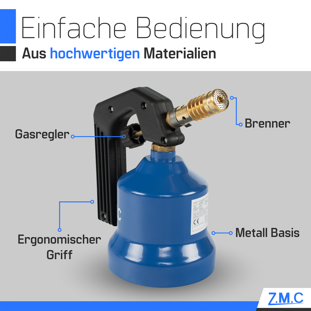 Z.M.C Gasbrenner &amp; Flambierbrenner 2,2 kW mit einstellbarer Flamme | Lötbrenner mit Brenneraufsatz für Küche &amp; Handwerk, + optionale Kartuschen