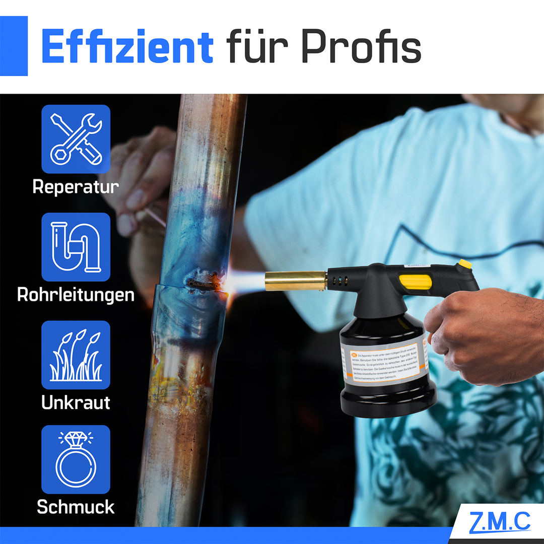 Z.M.C Gasbrenner 1,3 kW bis 1350°C mit Piezo-Zündung | Flambierbrenner &amp; Lötbrenner mit einstellbarer Flamme, + optionale Kartuschen