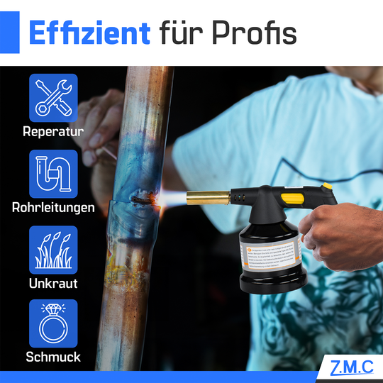 Z.M.C Gasbrenner 1,3 kW bis 1350°C mit Piezo-Zündung | Flambierbrenner &amp; Lötbrenner mit einstellbarer Flamme, + optionale Kartuschen