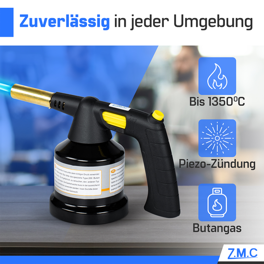 Z.M.C Gasbrenner 1,3 kW bis 1350°C mit Piezo-Zündung | Flambierbrenner &amp; Lötbrenner mit einstellbarer Flamme, + optionale Kartuschen