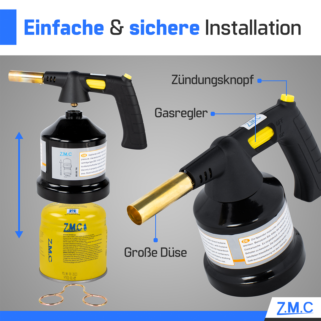 Z.M.C Gasbrenner 1,3 kW bis 1350°C mit Piezo-Zündung | Flambierbrenner &amp; Lötbrenner mit einstellbarer Flamme, + optionale Kartuschen