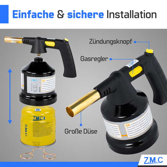 Z.M.C Gasbrenner 1,3 kW bis 1350°C mit Piezo-Zündung | Flambierbrenner &amp; Lötbrenner mit einstellbarer Flamme, + optionale Kartuschen