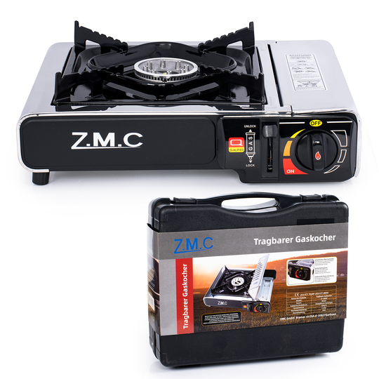 ZMC Réchaud de camping en acier inoxydable 1 feu 2,2 kW avec allumage piézo – Réchaud à gaz avec mallette &amp; plaque de cuisson optionnelle