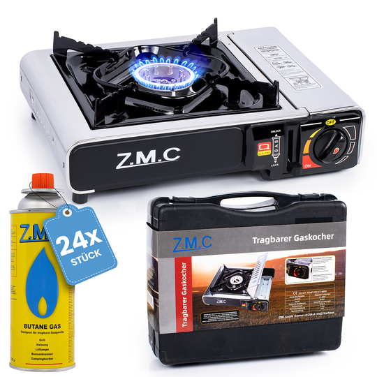 ZMC Réchaud de camping en acier inoxydable 1 feu 2,2 kW avec allumage piézo – Réchaud à gaz avec mallette &amp; plaque de cuisson optionnelle