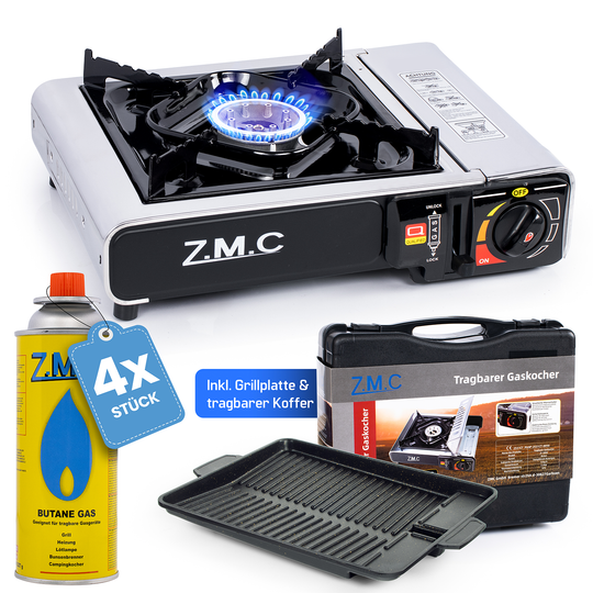 ZMC Réchaud de camping en acier inoxydable 1 feu 2,2 kW avec allumage piézo – Réchaud à gaz avec mallette &amp; plaque de cuisson optionnelle
