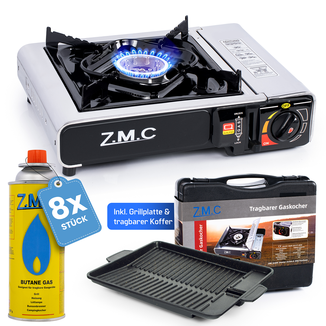 ZMC Réchaud de camping en acier inoxydable 1 feu 2,2 kW avec allumage piézo – Réchaud à gaz avec mallette &amp; plaque de cuisson optionnelle