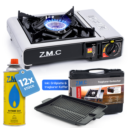 ZMC Réchaud de camping en acier inoxydable 1 feu 2,2 kW avec allumage piézo – Réchaud à gaz avec mallette &amp; plaque de cuisson optionnelle