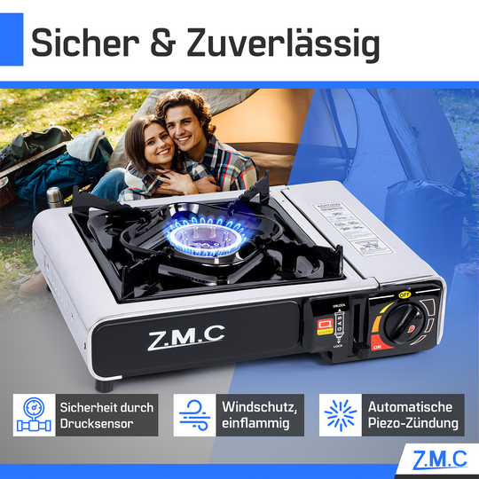 ZMC Réchaud de camping en acier inoxydable 1 feu 2,2 kW avec allumage piézo – Réchaud à gaz avec mallette &amp; plaque de cuisson optionnelle