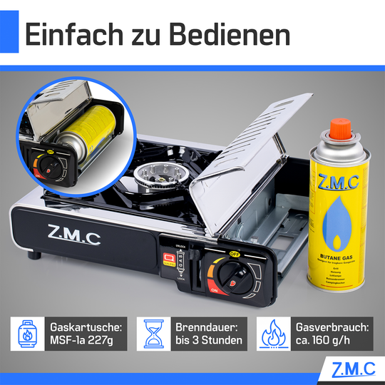 ZMC Réchaud de camping en acier inoxydable 1 feu 2,2 kW avec allumage piézo – Réchaud à gaz avec mallette &amp; plaque de cuisson optionnelle