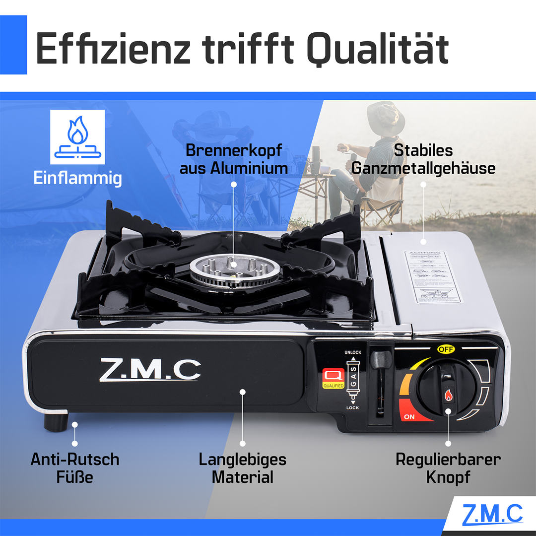 ZMC Réchaud de camping en acier inoxydable 1 feu 2,2 kW avec allumage piézo – Réchaud à gaz avec mallette &amp; plaque de cuisson optionnelle