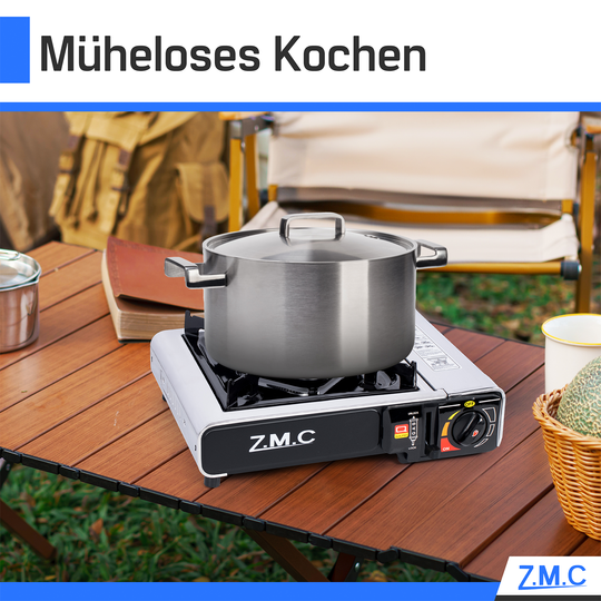 ZMC Réchaud de camping en acier inoxydable 1 feu 2,2 kW avec allumage piézo – Réchaud à gaz avec mallette &amp; plaque de cuisson optionnelle