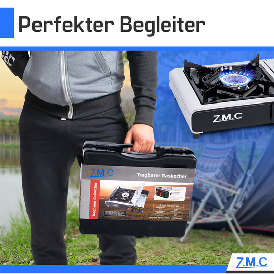 ZMC Réchaud de camping en acier inoxydable 1 feu 2,2 kW avec allumage piézo – Réchaud à gaz avec mallette &amp; plaque de cuisson optionnelle