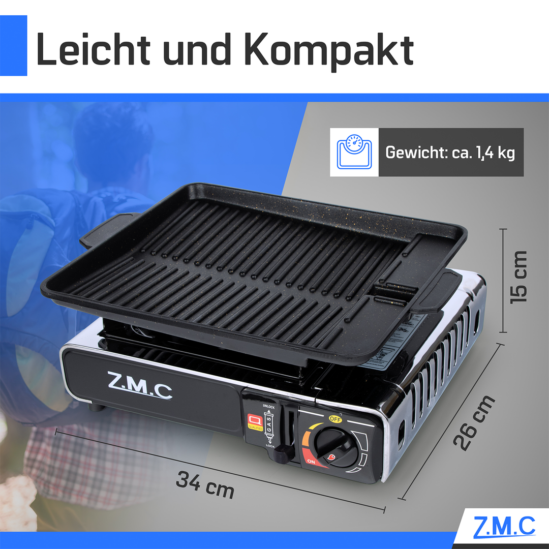 ZMC Réchaud de camping en acier inoxydable 1 feu 2,2 kW avec allumage piézo – Réchaud à gaz avec mallette &amp; plaque de cuisson optionnelle