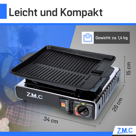 ZMC Réchaud de camping en acier inoxydable 1 feu 2,2 kW avec allumage piézo – Réchaud à gaz avec mallette &amp; plaque de cuisson optionnelle