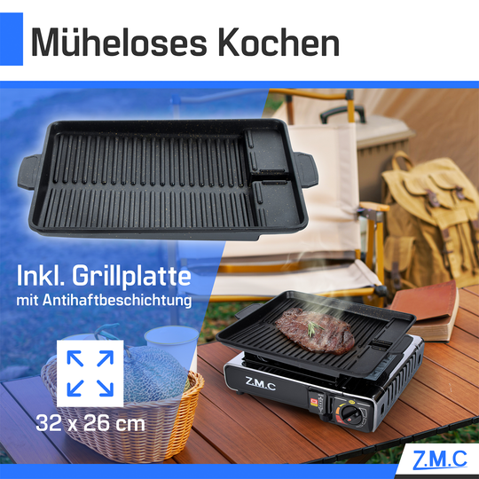 ZMC Réchaud de camping en acier inoxydable 1 feu 2,2 kW avec allumage piézo – Réchaud à gaz avec mallette &amp; plaque de cuisson optionnelle