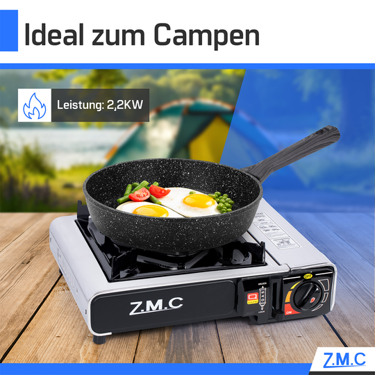 ZMC Réchaud de camping en acier inoxydable 1 feu 2,2 kW avec allumage piézo – Réchaud à gaz avec mallette &amp; plaque de cuisson optionnelle