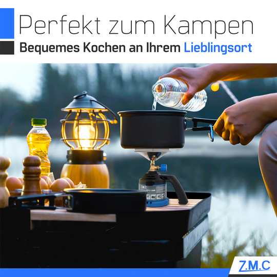 Z.M.C Campingkocher 1,2 kW bis 900 °C | Tragbarer Gaskocher &amp; Kohleanzünder mit Griff für Camping, Grill &amp; Outdoor, + optionale 190g Kartuschen