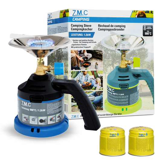 Z.M.C Campingkocher 1,2 kW bis 900 °C | Tragbarer Gaskocher &amp; Kohleanzünder mit Griff für Camping, Grill &amp; Outdoor, + optionale 190g Kartuschen