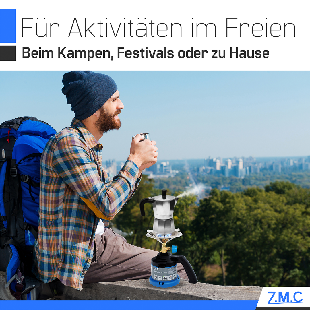 Z.M.C Campingkocher 1,2 kW bis 900 °C | Tragbarer Gaskocher &amp; Kohleanzünder mit Griff für Camping, Grill &amp; Outdoor, + optionale 190g Kartuschen