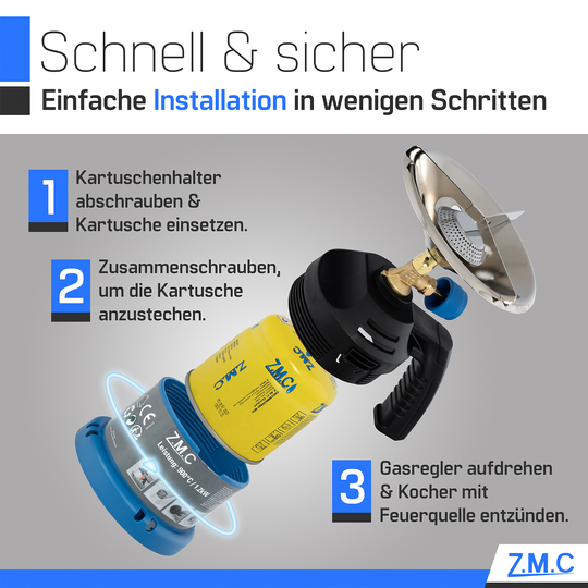 Z.M.C Campingkocher 1,2 kW bis 900 °C | Tragbarer Gaskocher &amp; Kohleanzünder mit Griff für Camping, Grill &amp; Outdoor, + optionale 190g Kartuschen