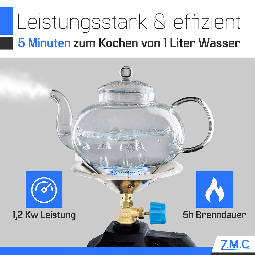 Z.M.C Campingkocher 1,2 kW bis 900 °C | Tragbarer Gaskocher &amp; Kohleanzünder mit Griff für Camping, Grill &amp; Outdoor, + optionale 190g Kartuschen