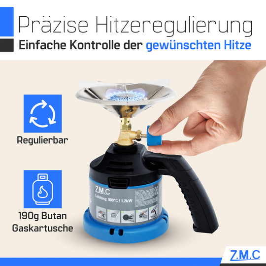 Z.M.C Campingkocher 1,2 kW bis 900 °C | Tragbarer Gaskocher &amp; Kohleanzünder mit Griff für Camping, Grill &amp; Outdoor, + optionale 190g Kartuschen
