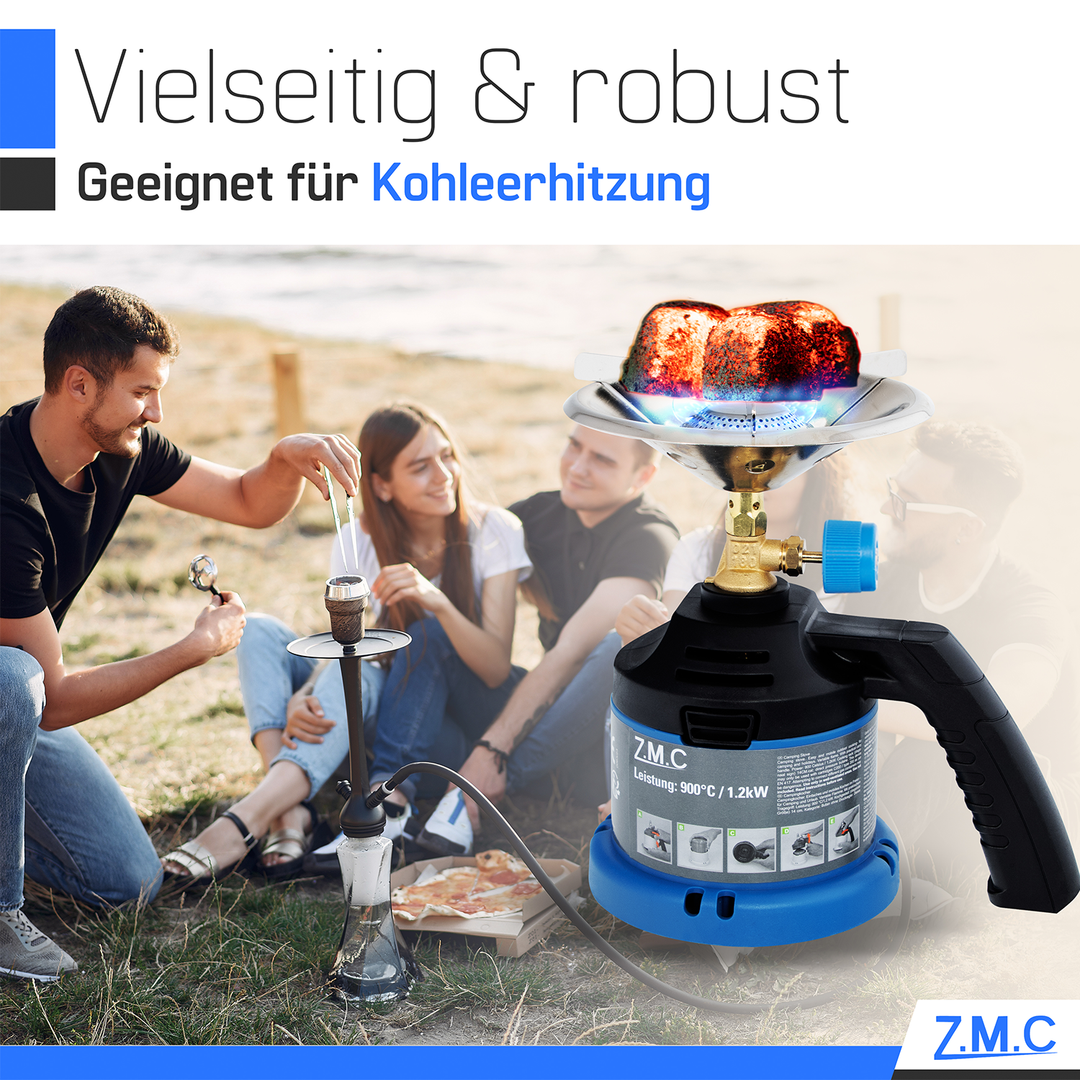 Z.M.C Campingkocher 1,2 kW bis 900 °C | Tragbarer Gaskocher &amp; Kohleanzünder mit Griff für Camping, Grill &amp; Outdoor, + optionale 190g Kartuschen