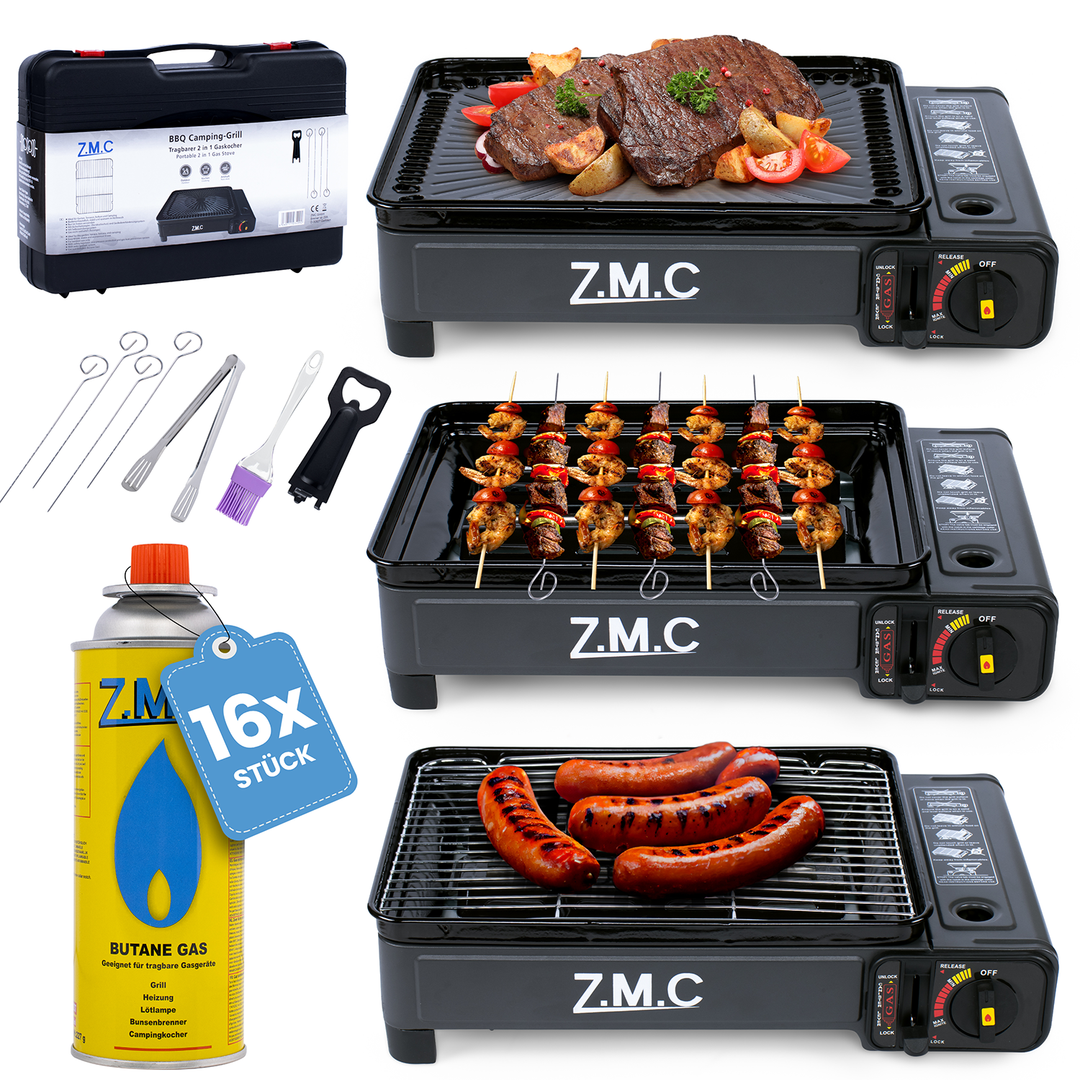 Z.M.C 2-in-1 Campingkocher &amp; Gasgrill 2,2 kW mit Piezo-Zündung | tragbar mit LPG-Anschluss, Grillzubehör &amp; Koffer, + optionale Kartuschen