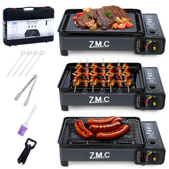 Z.M.C 2-in-1 Campingkocher &amp; Gasgrill 2,2 kW mit Piezo-Zündung | tragbar mit LPG-Anschluss, Grillzubehör &amp; Koffer, + optionale Kartuschen