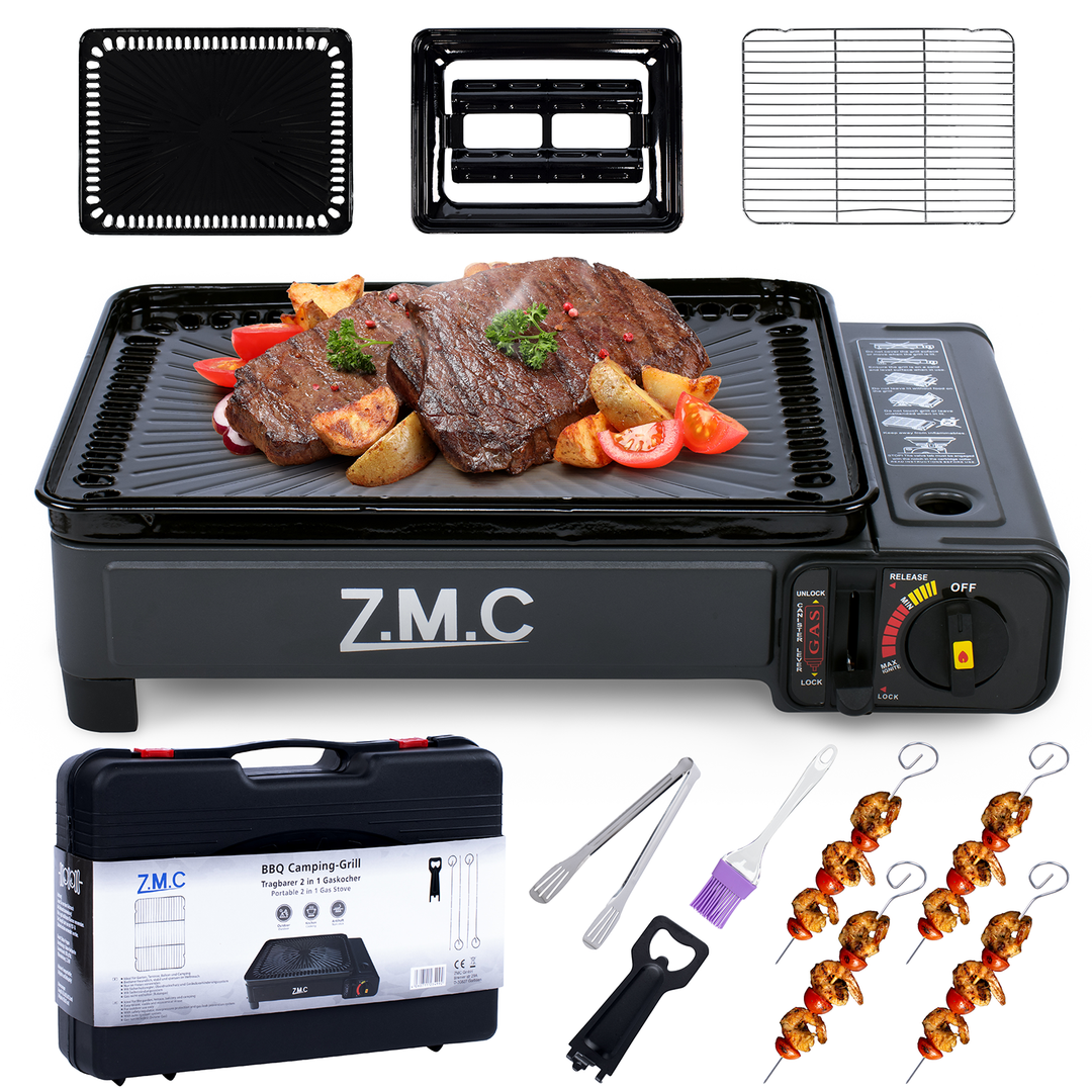 Z.M.C 2-in-1 Campingkocher &amp; Gasgrill 2,2 kW mit Piezo-Zündung | tragbar mit LPG-Anschluss, Grillzubehör &amp; Koffer, + optionale Kartuschen