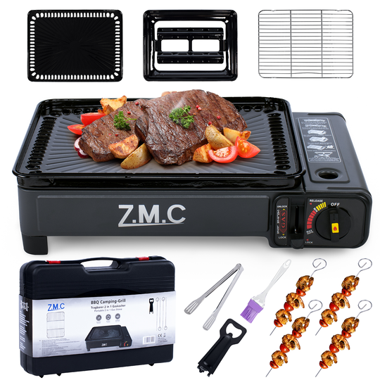 Z.M.C 2-in-1 Campingkocher &amp; Gasgrill 2,2 kW mit Piezo-Zündung | tragbar mit LPG-Anschluss, Grillzubehör &amp; Koffer, + optionale Kartuschen