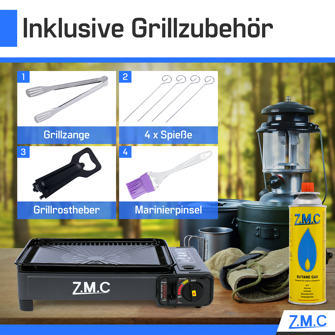 Z.M.C 2-in-1 Campingkocher &amp; Gasgrill 2,2 kW mit Piezo-Zündung | tragbar mit LPG-Anschluss, Grillzubehör &amp; Koffer, + optionale Kartuschen