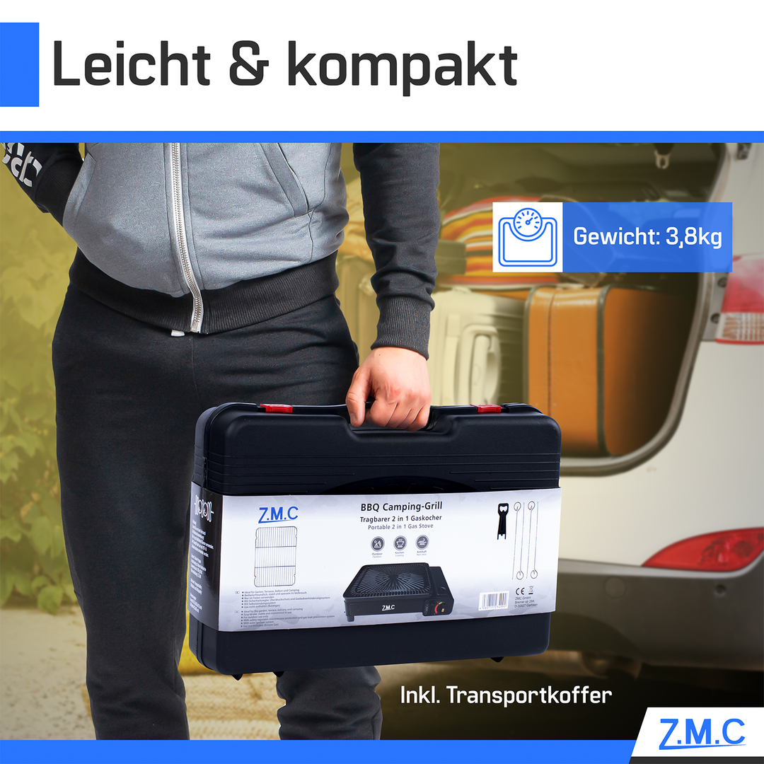 Z.M.C 2-in-1 Campingkocher &amp; Gasgrill 2,2 kW mit Piezo-Zündung | tragbar mit LPG-Anschluss, Grillzubehör &amp; Koffer, + optionale Kartuschen