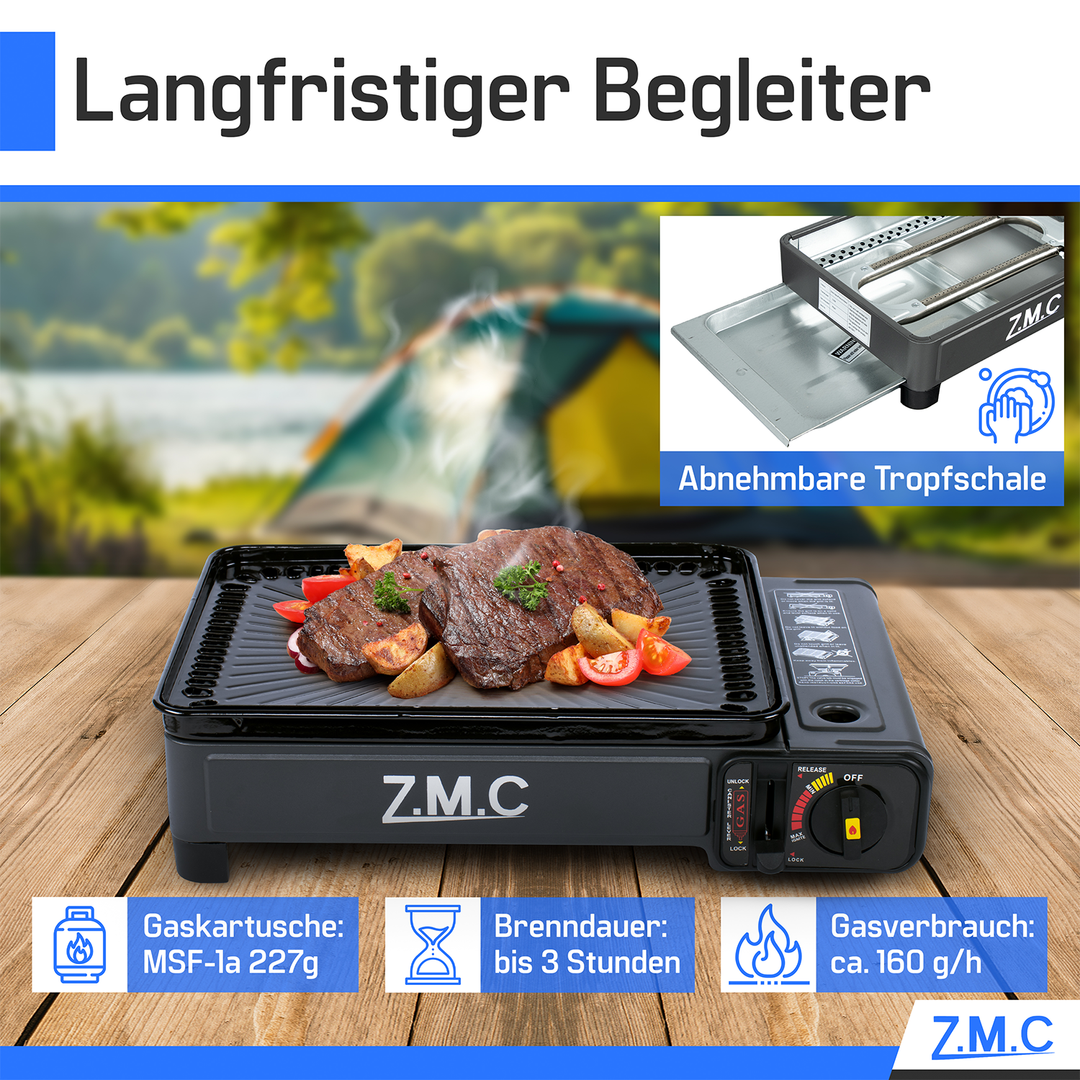 Z.M.C 2-in-1 Campingkocher &amp; Gasgrill 2,2 kW mit Piezo-Zündung | tragbar mit LPG-Anschluss, Grillzubehör &amp; Koffer, + optionale Kartuschen