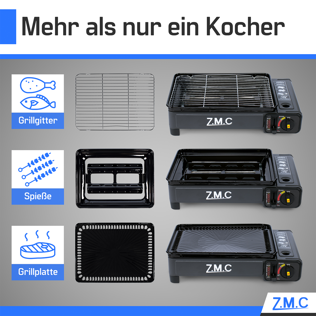 Z.M.C 2-in-1 Campingkocher &amp; Gasgrill 2,2 kW mit Piezo-Zündung | tragbar mit LPG-Anschluss, Grillzubehör &amp; Koffer, + optionale Kartuschen