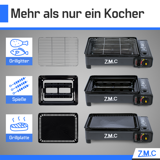 Z.M.C 2-in-1 Campingkocher &amp; Gasgrill 2,2 kW mit Piezo-Zündung | tragbar mit LPG-Anschluss, Grillzubehör &amp; Koffer, + optionale Kartuschen