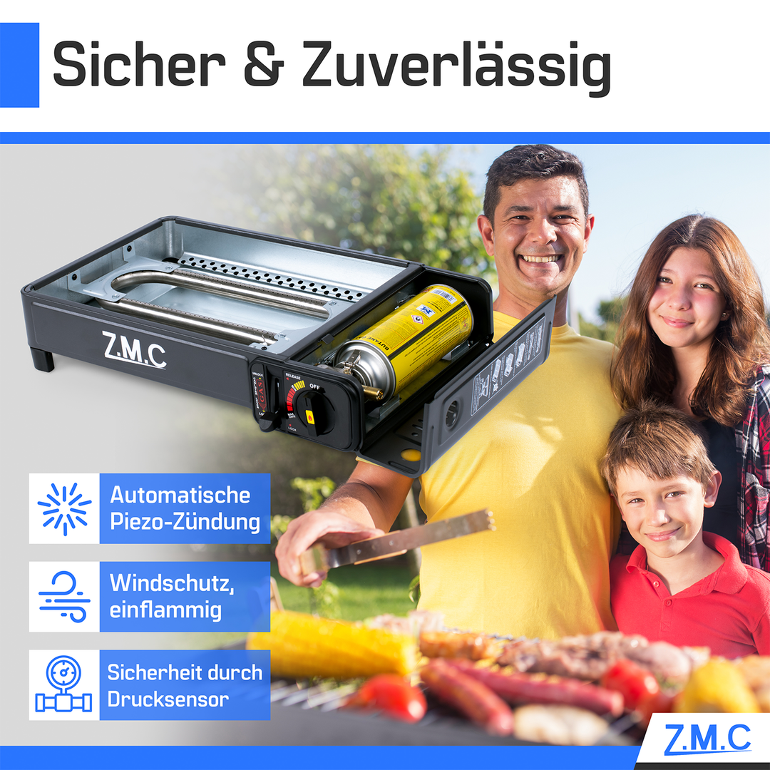 Z.M.C 2-in-1 Campingkocher &amp; Gasgrill 2,2 kW mit Piezo-Zündung | tragbar mit LPG-Anschluss, Grillzubehör &amp; Koffer, + optionale Kartuschen