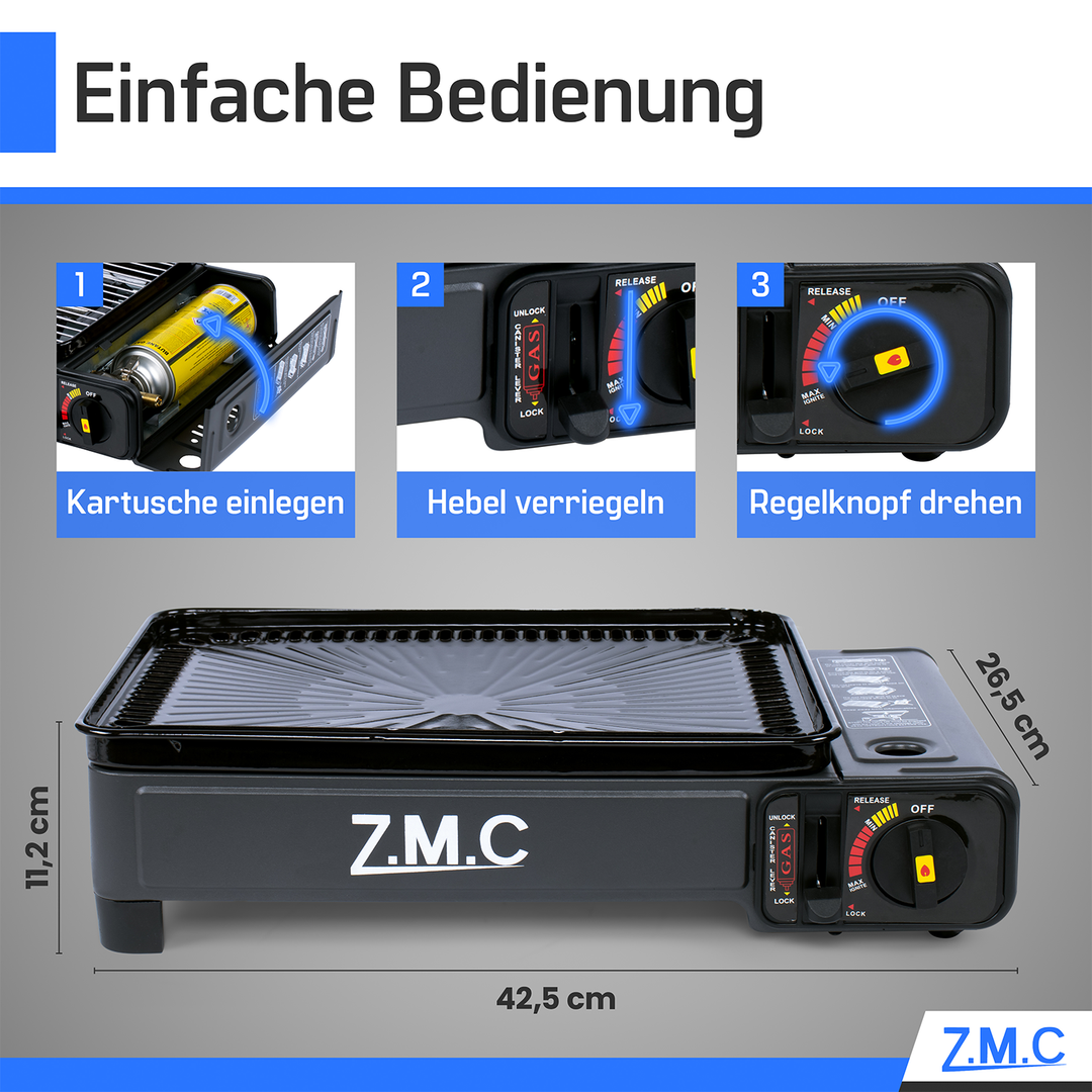Z.M.C 2-in-1 Campingkocher &amp; Gasgrill 2,2 kW mit Piezo-Zündung | tragbar mit LPG-Anschluss, Grillzubehör &amp; Koffer, + optionale Kartuschen