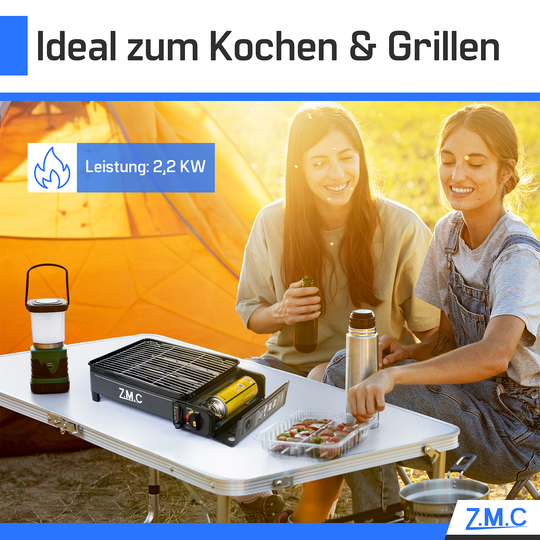 Z.M.C 2-in-1 Campingkocher &amp; Gasgrill 2,2 kW mit Piezo-Zündung | tragbar mit LPG-Anschluss, Grillzubehör &amp; Koffer, + optionale Kartuschen