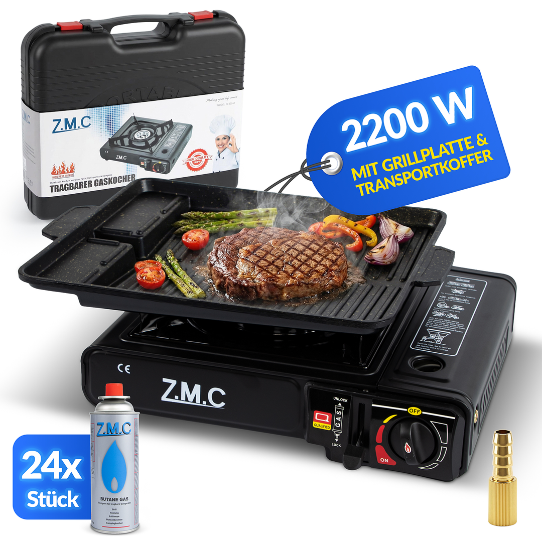 Z.M.C Campingkocher 1-flammig 2,2 kW mit Piezo-Zündung | Gaskocher mit LPG-Adapter, Koffer &amp; optionaler Grillplatte + Gaskartuschen
