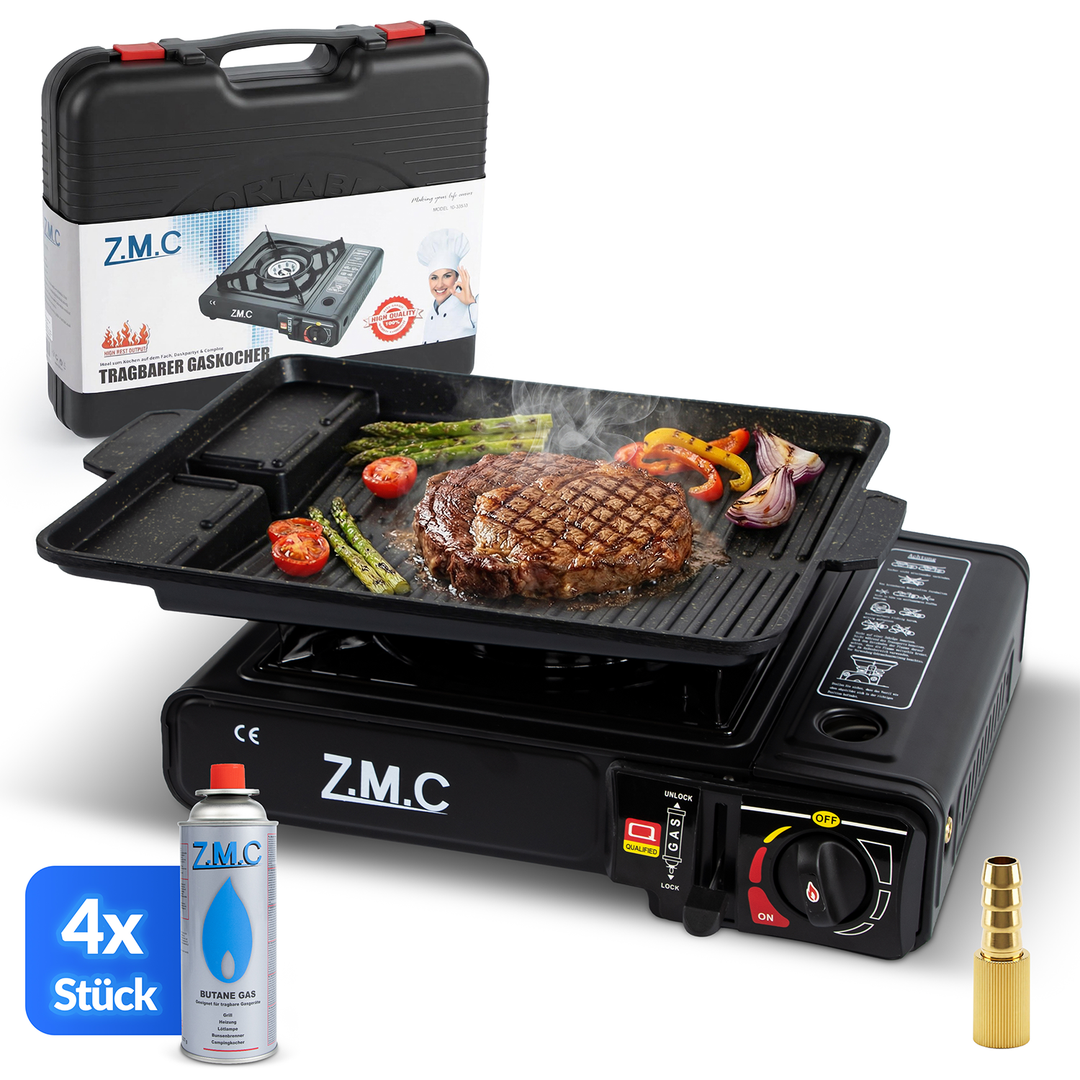 Z.M.C Campingkocher 1-flammig 2,2 kW mit Piezo-Zündung | Gaskocher mit LPG-Adapter, Koffer &amp; optionaler Grillplatte + Gaskartuschen